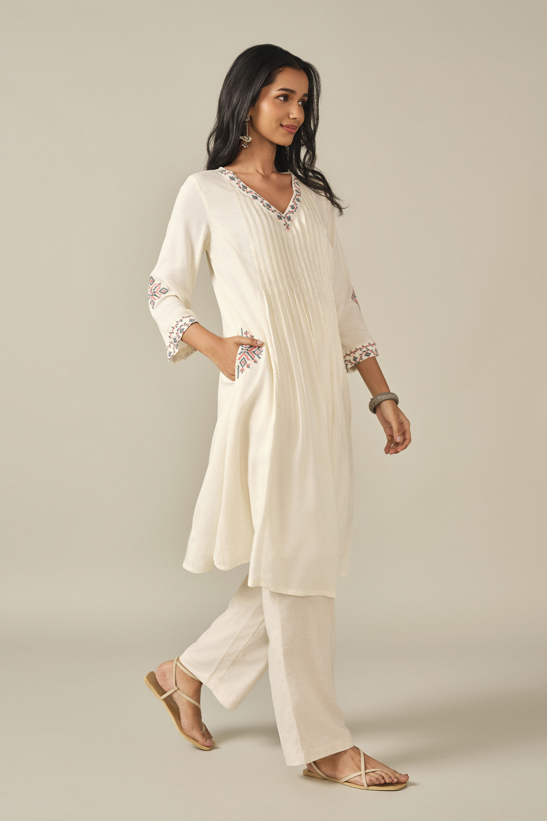 A-Line Embroidered Kurta in White, White, image 4